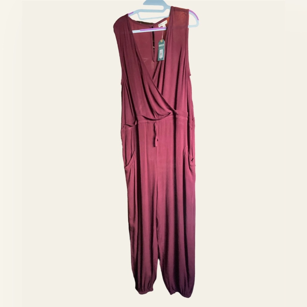 Earthbound Womens Jumpsuit Size XL Burgundy Red jogger Leg Faux Wrap
